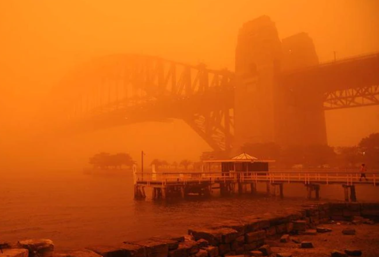 Sydney Harbour Bridge in Red Dawn dust storm